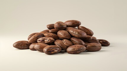 A pile of brown coffee beans on a beige background. The beans are roasted and have a shiny surface. They are arranged in a random order.