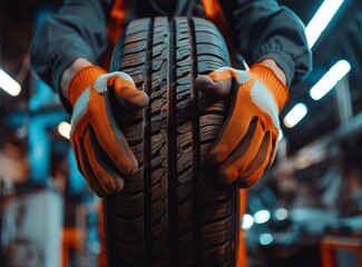 Closeup of mechanic hands pushing a black tire in the workshop.