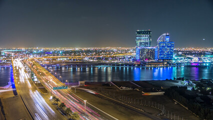 Fototapeta na wymiar Business bay crossing bridge timelapse, 13-lane-bridge, over the Dubai Creek