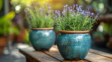 Two potted lavender plants on a wooden table with sunlight filtering through foliage.