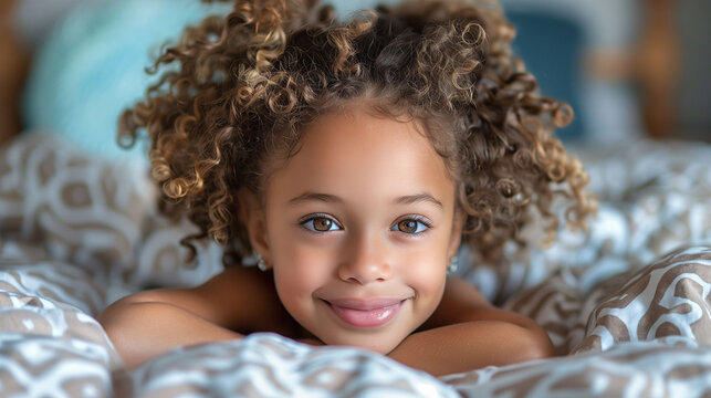 Portrait of a little African American girl with curly hair resting on a pillow and smiling joyfully