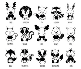 Obraz premium woodland animals vector collection of children's illustrations black white