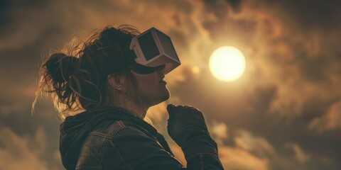 showing a person viewing an eclipse with awe and excitement. The person is wearing protective paper glasses designed for eclipse viewing. The background features a darkened sky - obrazy, fototapety, plakaty