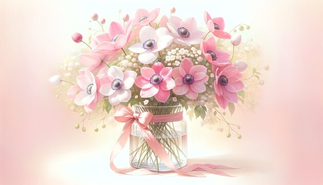 Watercolor of Pink Anemone Clematis Flowers in Vase