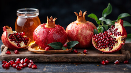 Fresh pomegranates with seeds and leaves on a wooden board, dark background, with a jar of honey.