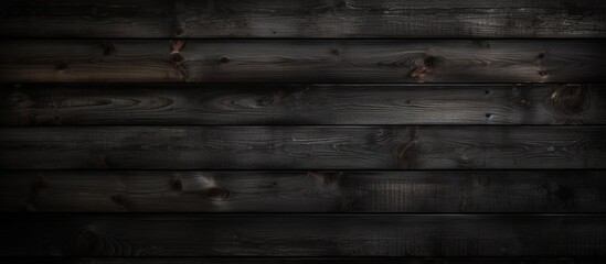 A closeup shot of a dark brown wooden wall with a blurred background, showcasing its monochrome beauty. The parallel pattern of the wood creates a sense of darkness and depth - obrazy, fototapety, plakaty