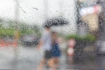 a rainy day scene reflected in a glass window