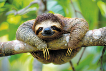 A cute sloth hanging on a tree branch with a funny expression