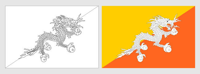 Bhutan flag - coloring page. Set of white wireframe thin black outline flag and original colored flag.