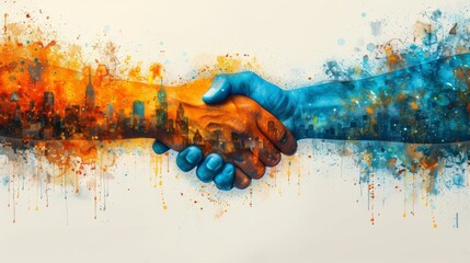 A handshake bridging two infographic worlds, illustrating a successful business partnership fueled by passion  