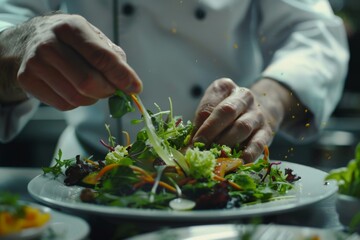 Obraz na płótnie Canvas The chef's passion for perfection drives them to meticulously inspect each salad plate before it leaves the kitchen of the upscale restaurant
