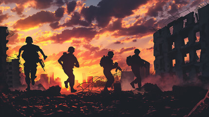 soldiers run escape bomb in damaged city by silhouette design