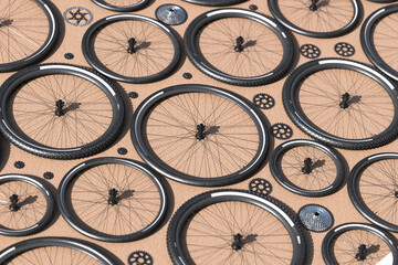 Fototapeta na wymiar Intricate Pattern of Bicycle Wheels and Gears on Textured Beige Background