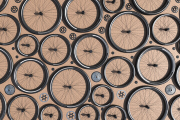 Abstract Overhead View of Diverse Bicycle Wheels and Gears Arrangement