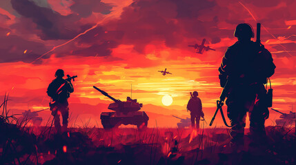 Soldiers are activating there are tanks, aircrafts and a part moving by run and hold gun with silhoutte design