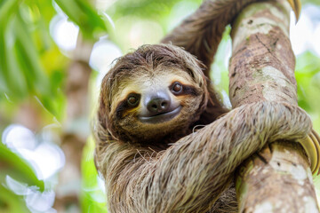 Fototapeta premium A cute sloth hanging on a tree branch with a funny expression