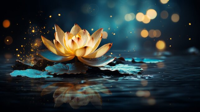 Enchanting glowing lotus flower reflecting on turquoise water with ample copy space