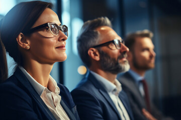 Corporate meeting with successful business people in modern workstation building Generative AI