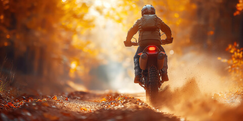 back of man rider on sport enduro motorcycle races on forest at sunset in autumn - obrazy, fototapety, plakaty