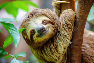 A cute sloth hanging on a tree branch with a funny expression