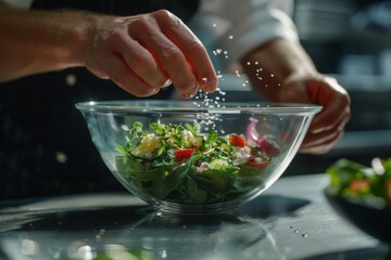 Obraz na płótnie Canvas From start to finish, the chef's dedication to excellence shines through in every aspect of salad preparation, including the crucial step of salting each bowl, at the upscale restaurant