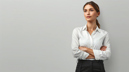 Confident young businesswoman standing with arms crossed, looking away thoughtfully. - obrazy, fototapety, plakaty