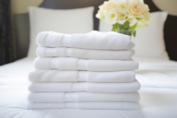 Neatly stacked white towels on bed in bedroom with spacious view, ample room for text - obrazy, fototapety, plakaty
