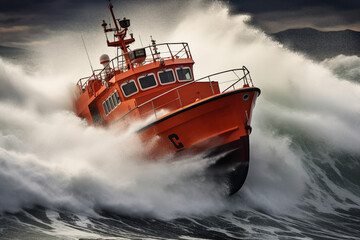 Generative AI image of orange rescue or coast guard patrol boat industrial vessel in blue sea ocean water - obrazy, fototapety, plakaty