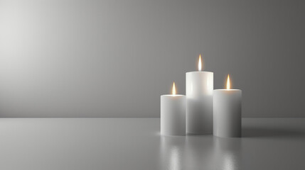 Three white candles are burning on a reflective surface. The candles are different heights and the one in the middle is the tallest.