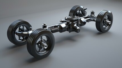 3D rendering of a car suspension system. The suspension system is made up of several components, including the wheels, tires, springs, and shocks.