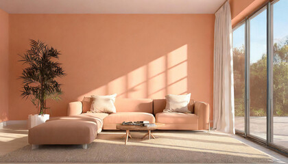 Minimalist home fuzz peach color interior design of modern living room. Curved couch against window near fuzz peach color wall. copy space. Summer vacation on a sunny day.