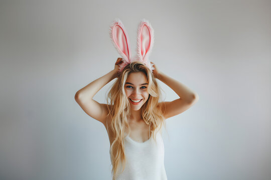 Lächelnde junge blonde Frau mit Hasenohren-Haarreif, Ostern, Spaß, erstellt mit generativer KI