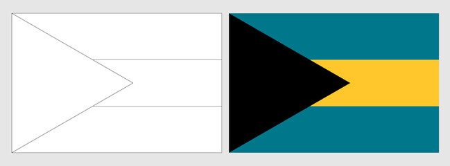 Bahamas flag - coloring page. Set of white wireframe thin black outline flag and original colored flag.