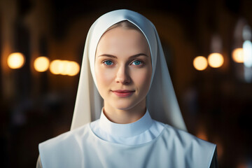Generative AI picture of blessed young sister church nun praying have faith believe in God happiness - obrazy, fototapety, plakaty