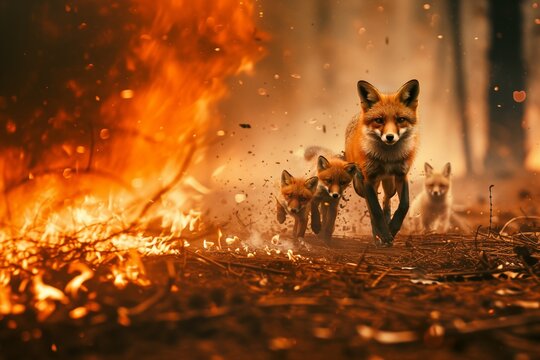 Mother fox with her cubs running from the fire in the woods. Concept of forest fire hazard.