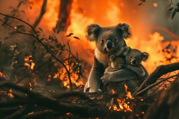 Foto op Plexiglas Koala bear with cubs escaping a forest fire. Concept of forest fire danger. © Alina Reviakina