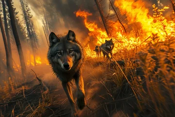 Foto op Plexiglas Pack of wolves escaping forest fire.  Concept of forest fire danger. © Alina Reviakina