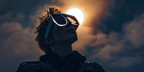 showing a person viewing an eclipse with awe and excitement. The person is wearing protective paper glasses designed for eclipse viewing. The background features a darkened sky - obrazy, fototapety, plakaty