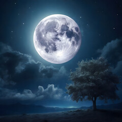 Fototapeta na wymiar Lonely tree and full moon in the night sky.