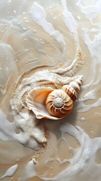 Illustrate a spiraled seashell lying on a sandy beach