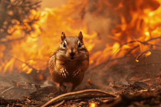 Chipmonk running from the fire in the wood. Concept of forest fire hazard