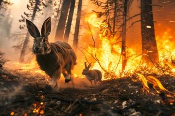 Foto op Plexiglas Hares escaping a fire in the woods. Concept of forest fire hazard. © Alina Reviakina