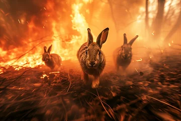 Foto op Plexiglas Hares escaping a fire in the woods. Concept of forest fire hazard. © Alina Reviakina