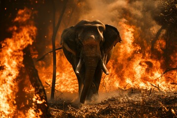 Elephant running from a fire in the jungle. Concept of forest fire hazard.