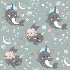 Whale and narwhal in boho style seamless pattern. Starry sky. Vector  illustration - 767090338
