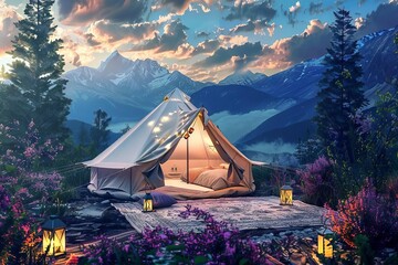 Glamping in a luxurious tent surrounded by beautiful nature, glamorous camping adventure, digital illustration - obrazy, fototapety, plakaty