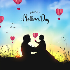 mothers day creative social media post template design with illustration of mother child standing on bright nature background