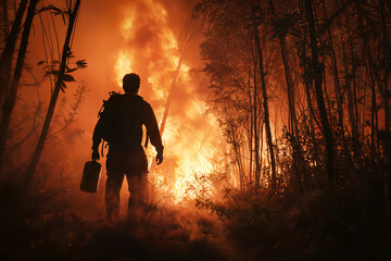 Silhouetto of a man with a gasoline canister looking at the forest fire he made.  Concept of deliberate  infliction of harm, human factor in  forest fire hazard. - obrazy, fototapety, plakaty