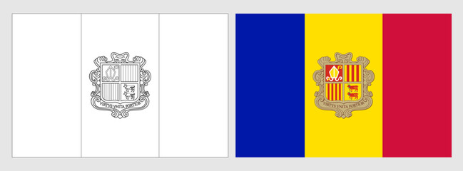 Andorra flag - coloring page. Set of white wireframe thin black outline flag and original colored flag.