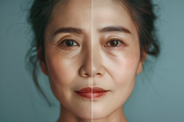 Young woman before and after procedure of acne removal by laser on light background, Beauty and aging skin care concept of old woman without wrinkles, Generative Ai - obrazy, fototapety, plakaty